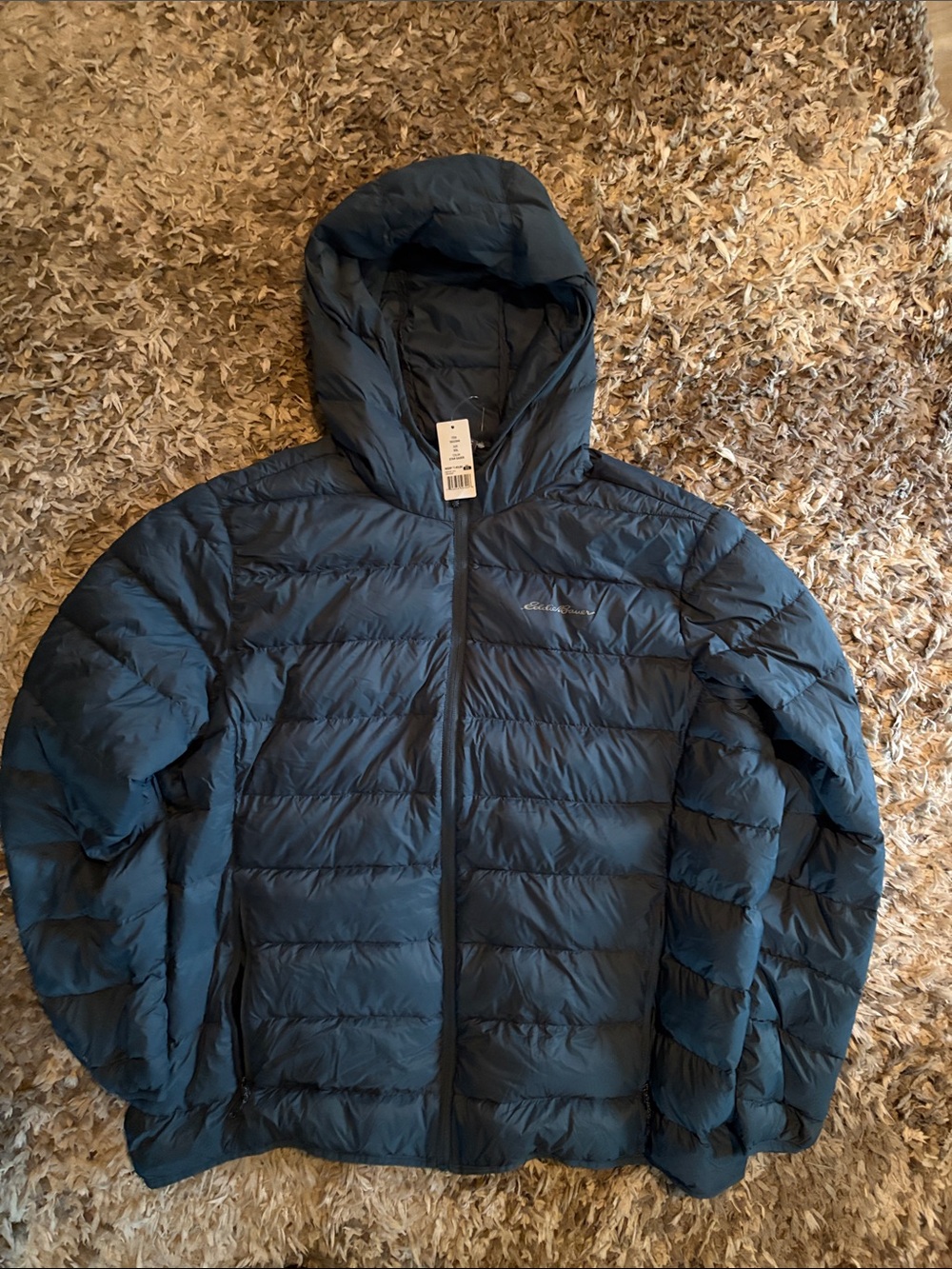 New Eddie Bauer blue down hooded jacket men’s